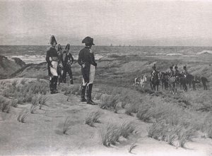 ナポレオンがイギリス海峡を調査、「陸と海のイギリスの戦い」のイラスト、ロンドン、カッセル発行、1910年 作： William Barnes Wollen